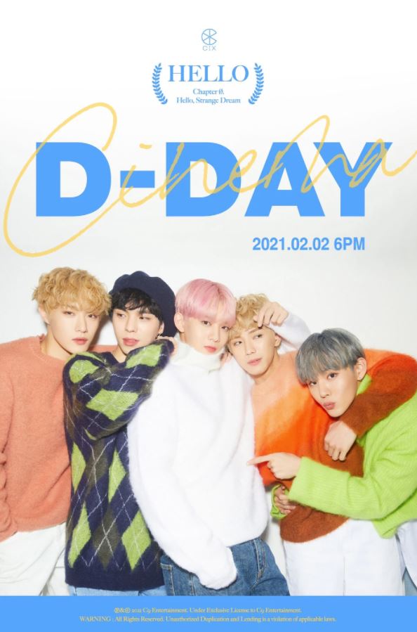 Image of CIX in sweaters, posing in a teaser image that was released on the day ahead of their fourth mini-album (Hello Chapter Ø. Hello, Strange Dream) and title track, Cinema.