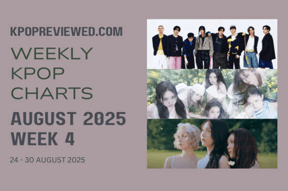 Featured image for KPOPREVIEWED's Weekly KPOP Chart post for Week 4 of August 2025, featuring Stray Kids, IVE and VIVIZ.